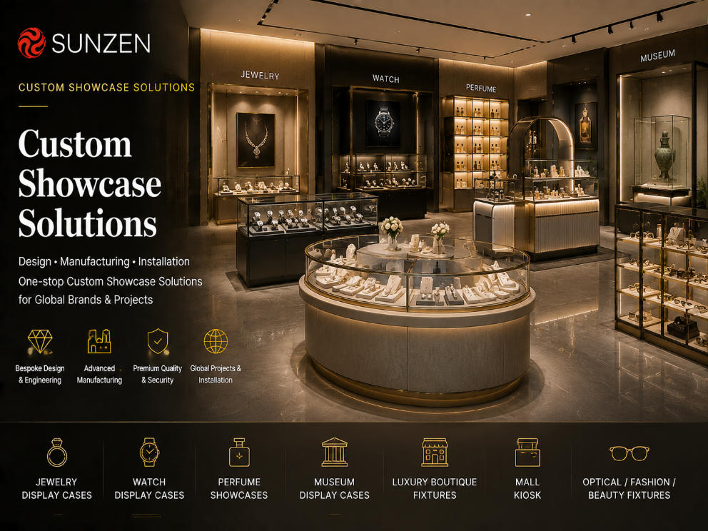Custom showcase solutions manufactured by SUNZEN for luxury retail stores museums and exhibition projects